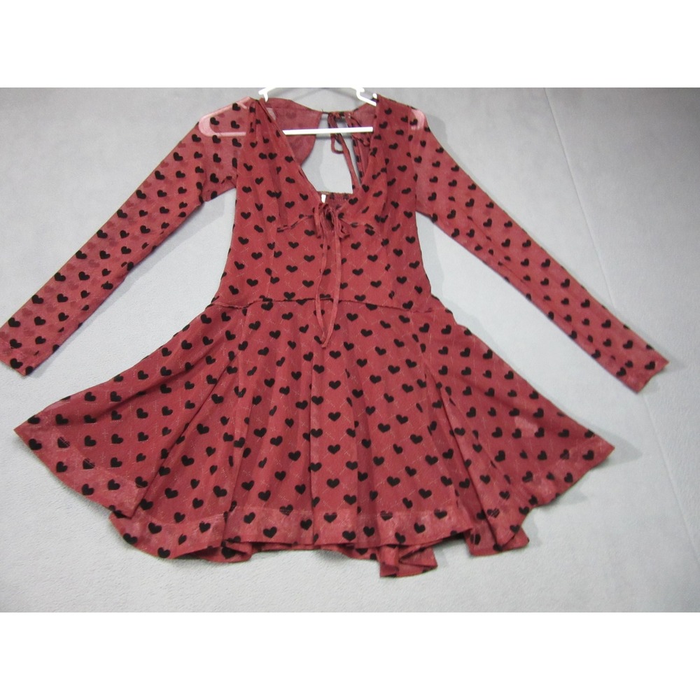 Free People Dress Womens Medium Red Heart Print Mesh Long Sleeve Mini Smocked